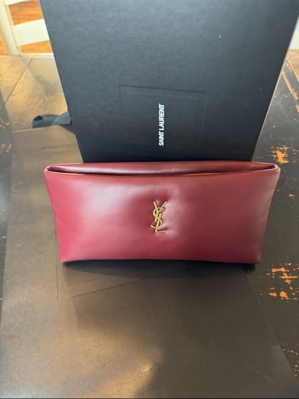 Saint Laurent Burgundy Leather YSL Clutch